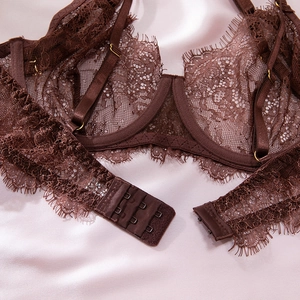 Detailed close-up of dark brown eyelash lace trim and refined mesh embroidery on bra