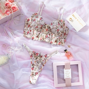 Detail von floralem Spitzen-Lingerie-Set mit Rosenstickerei auf rosa Tüllstoff