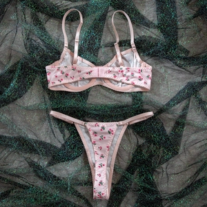 Detailed flat lay of pink floral ribbed lingerie set with bra and matching thong