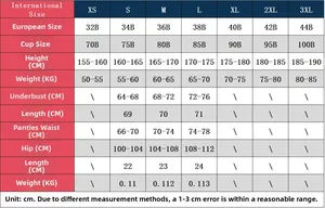 Detailed size guide for women's lace dress set with EU cup measurements and dimensions