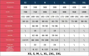 Detailed size chart for lace embroidery lingerie set from size XS to 3XL with measurements