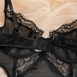 Close-up of black lace bodysuit back with double hook closure and adjustable straps