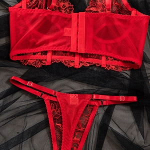 Detailsicht des roten Spitzen-Dessous-Sets mit Hakenverschluss und verstellbaren Trägern
