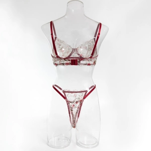 Détails de broderie florale en dentelle rouge sur ensemble de lingerie en tulle fin