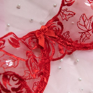 Dettaglio reggiseno in pizzo rosso con ricamo floreale di rose e fiocco in raso centrale