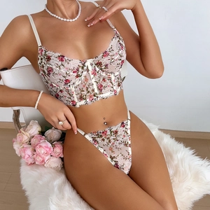 Damen Blumenmuster Spitze BH Und Unterteil Set Vintage Stäbchen Push Up Lingerie Set Mit Wimpernspitze Sexy Top Und Bottom