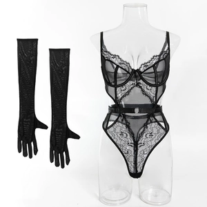 Detailed view of sexy black lace teddy bodysuit with matching long sheer mesh gloves