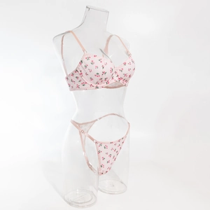 Detail of pink floral lingerie set with underwire bra and thong on transparent mannequin