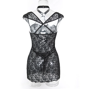 Detail of black lace dress back with intricate floral patterns and cross-tie straps