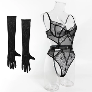 Detailed lace pattern and mesh hollow design on black sexy bodysuit with long gloves