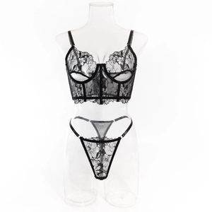 Detailansicht des schwarzen Spitzen-Dessous-Sets mit Bügel-Cups und transparentem Netz
