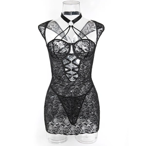 Detailed view of black lace bodycon dress with underwire cups and halter neck ring