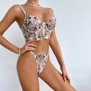 Dessous-Set aus floraler Spitze mit Bügel-Bustier und passendem Thong für Damen