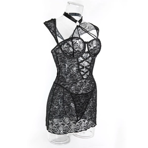 Detailed view of black floral lace lingerie set with underwire cups and halter neck collar