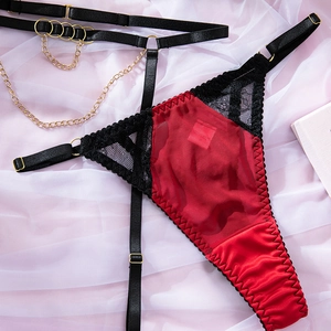 Detailed close-up of sexy red mesh lace panties with black harness and gold metal chain