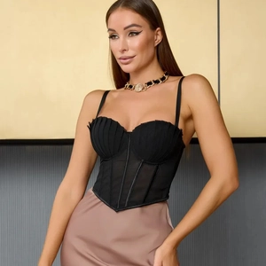 Haut corset noir sexy en tulle avec bonnets plissés et fines bretelles femme