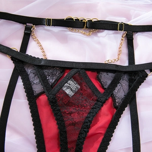 Detailed view of red lace lingerie set with black mesh, gold chains and garter straps