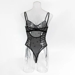 Detailed close-up of sheer floral mesh bodysuit with underwire cups and lace-up sides