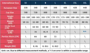 Detailed size guide table for lace lingerie set including bra and panties measurements