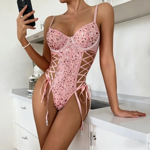 Body sexy con paillettes rosa con lacci, coppe con ferretto e reggicalze per donna