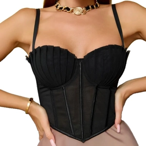Haut corset noir sexy avec empiècements en mesh, structure baleinée et ourlet pointu