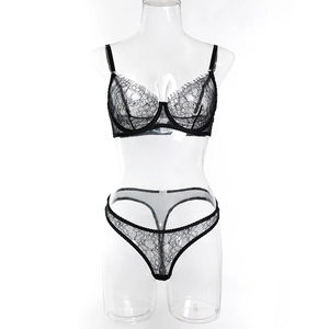 Detail of sheer black eyelash lace lingerie set with underwire bra and thong on mannequin