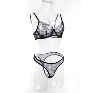 Close-up of black lace floral pattern and sheer mesh fabric on underwire lingerie