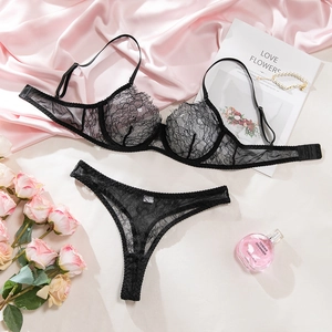 Flat lay of black eyelash lace lingerie set with underwire bra and matching thong