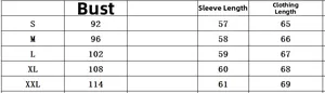 Size chart for women's elegant solid color long sleeve shirt showing bust and length