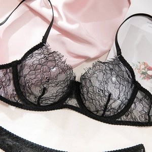 Detailed view of elegant black eyelash lace lingerie set with floral patterns