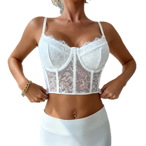 Sexy white floral lace corset top with eyelash lace trim and sheer mesh paneling