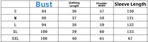 Size guide table for elegant long sleeve dress showing bust and length measurements