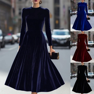 Elegant Velvet Long Sleeve Maxi Dress For Women Solid Color Round Neck Puff Sleeve High Waist Pleated Large Hem Party Dress