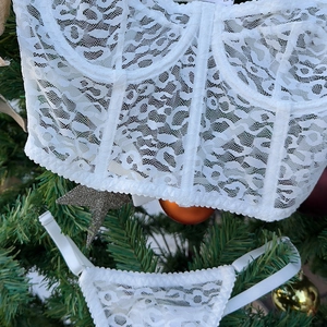 Macro view of a white lace lingerie set with boning and mesh floral patterns