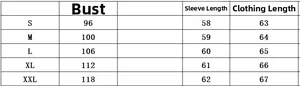 Detailed size chart for satin printed long sleeve shirt showing bust and length measures