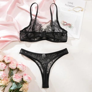 Detail of black eyelash lace lingerie set featuring delicate floral mesh and adjustable straps