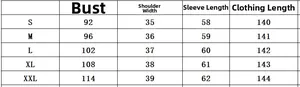 Detailed size chart for elegant ruffled maxi dress showing chest and length measurements