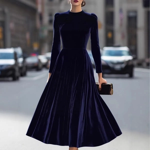 Elegant navy blue velvet long sleeve midi dress with slim waist and flared hem