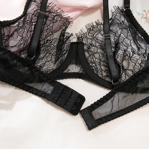 Detail of black eyelash lace bra featuring soft underwire and adjustable mesh straps