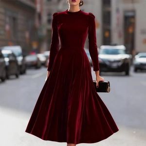 Elegant wine red velvet long sleeve A-line dress with puff sleeves and stand collar