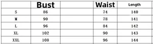 Detailed size chart for satin V-neck sleeveless dress showing bust waist and length