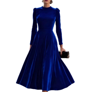 Elegant navy blue velvet long sleeve A-line dress with round neck for formal occasions