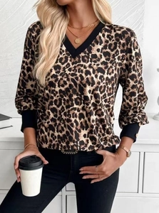 Detail of leopard print long sleeve top with black V-neck and buttoned ribbed cuffs
