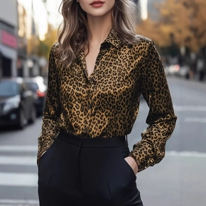Chic leopard print long sleeve shirt with classic lapel collar and black buttons