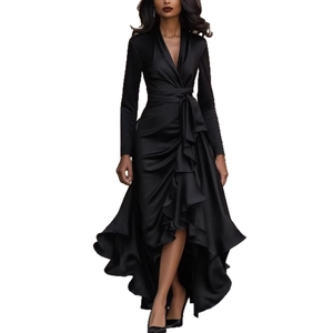 Elegant black satin V-neck maxi dress with long sleeves and ruffled asymmetric hemline