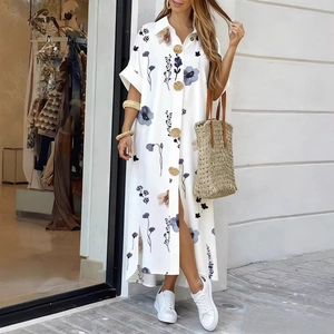 Women Floral Print Shirt Dress Short Sleeve Lapel Single Breasted Midi A-Line Dress Vacation Casual Fashion Trendy Dress