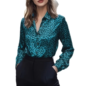 Peacock blue leopard print satin shirt with long sleeves and buttons for women