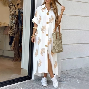 Women white shirt dress with golden paisley print, lapel collar and button down front