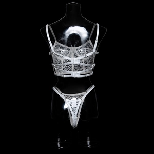 Detail view of the white lace bra set featuring adjustable back straps and hook-and-eye closure