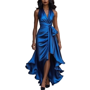 Elegant navy blue satin halter dress with deep V-neck, waisted bow and high-low hem